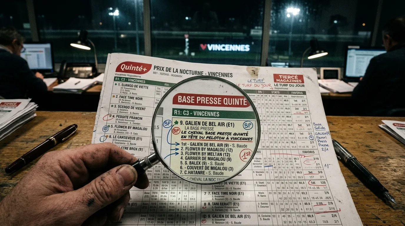 Le cheval base presse quinté en tête du peloton à Vincennes, sous les projecteurs d'une réunion nocturne du PMU