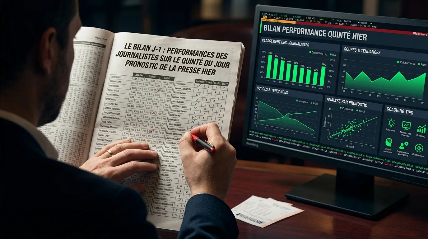 Le bilan J-1 affichant les performances des journalistes sur le quinté du jour pronostic de la presse hier, turfiste cochant les chevaux gagnants sur un journal hippique