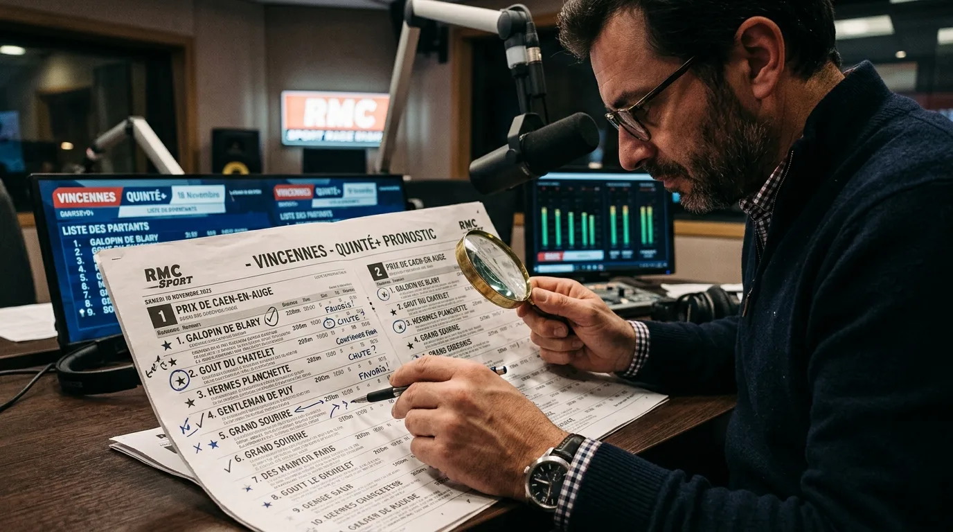 Journaliste RMC Sport analysant le pronostic RMC quinté devant les partants de Vincennes en studio radio