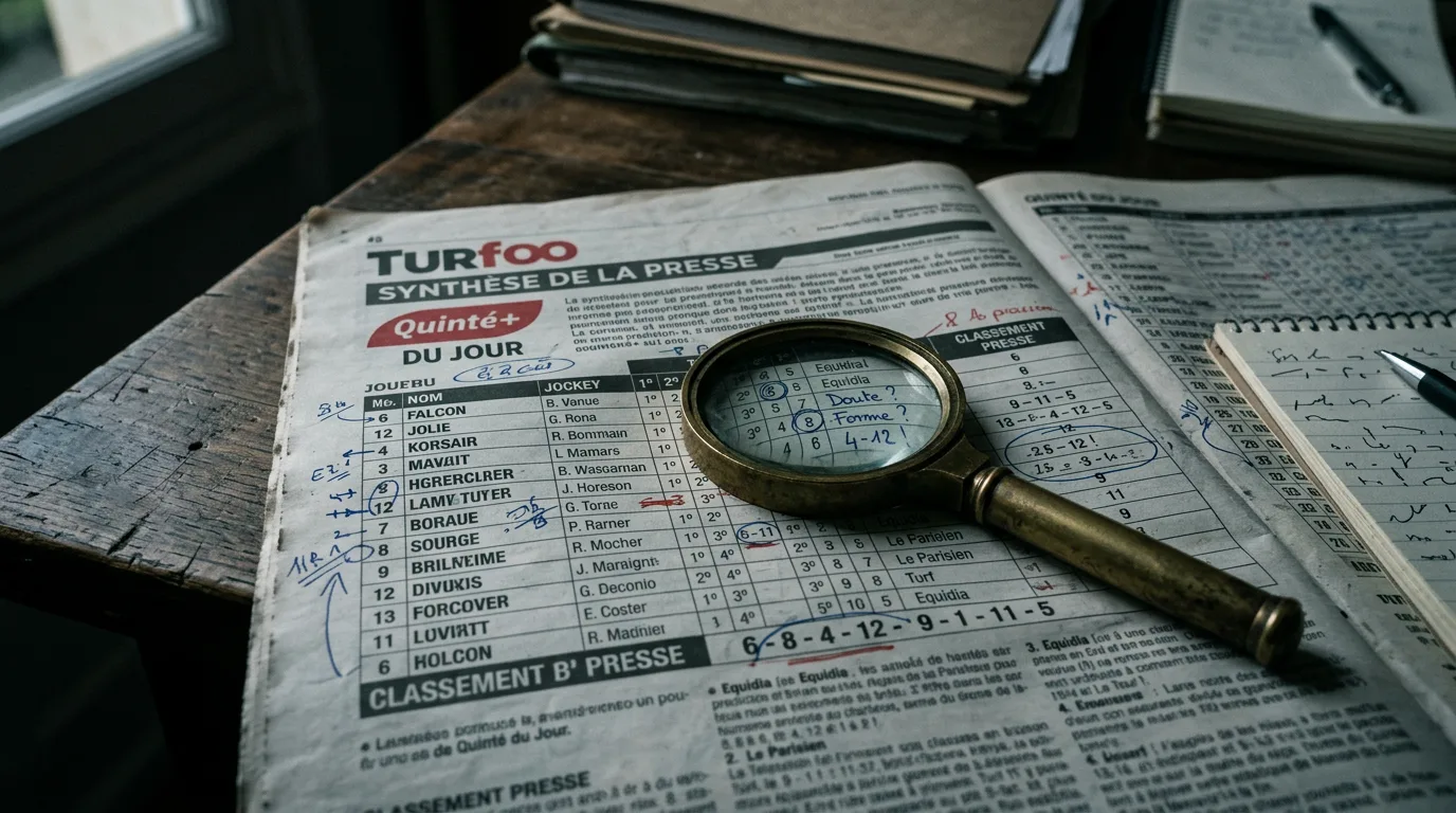 Page Turfoo affichant la synthèse presse du quinté du jour avec pronostics agrégés et classement des chevaux